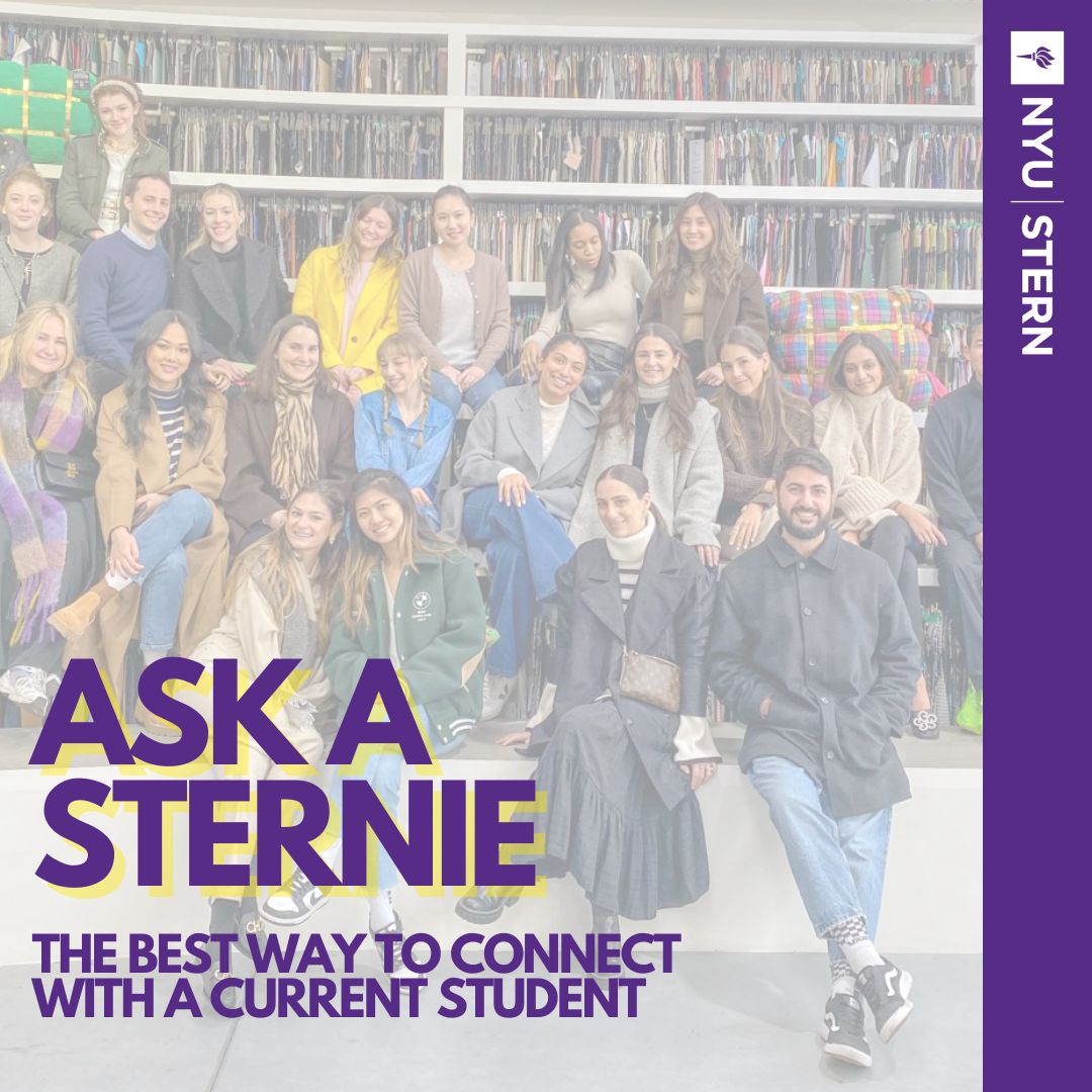 Group of students smiling with text "Ask a Sternie: The best way to connect with a current student"